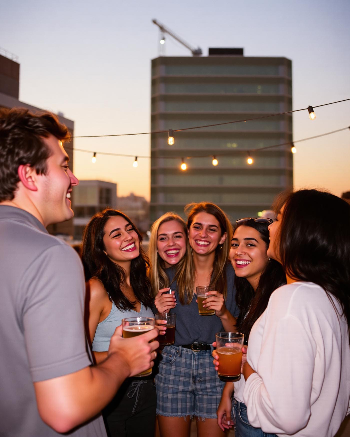 Young adults laughing together at a rooftop gathering in Austin