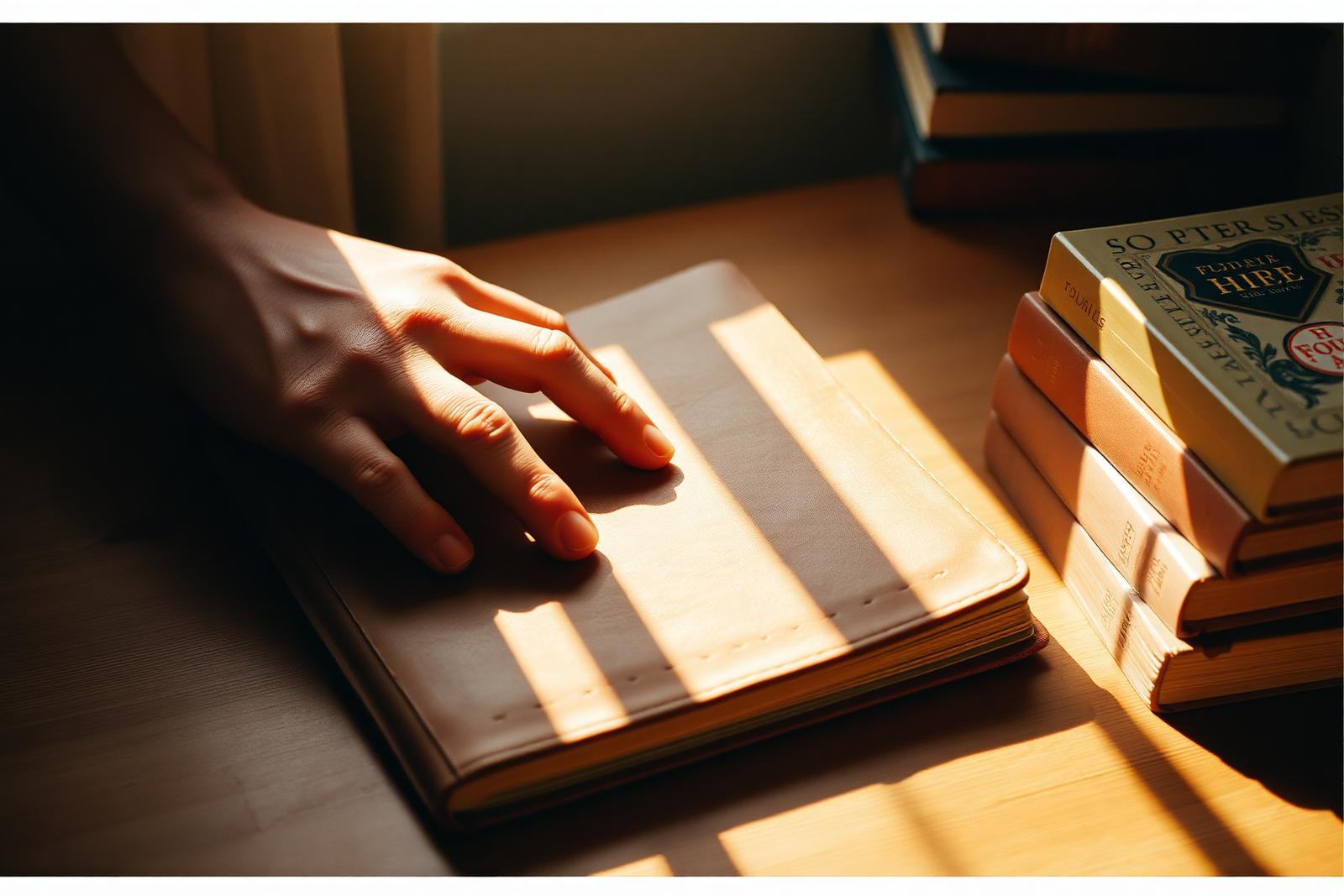 A stack of well-read books in morning light