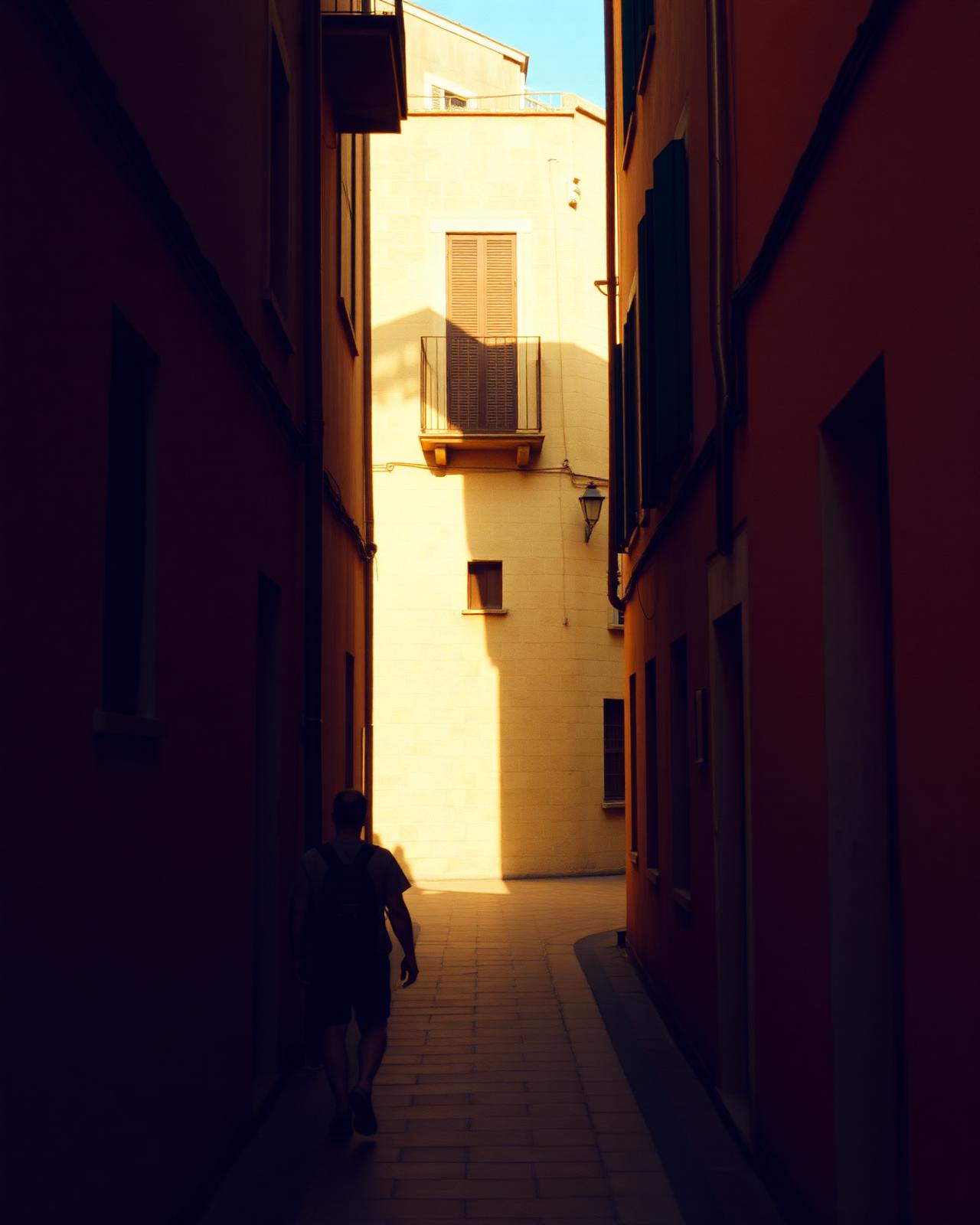 A narrow sunlit street on a trip abroad