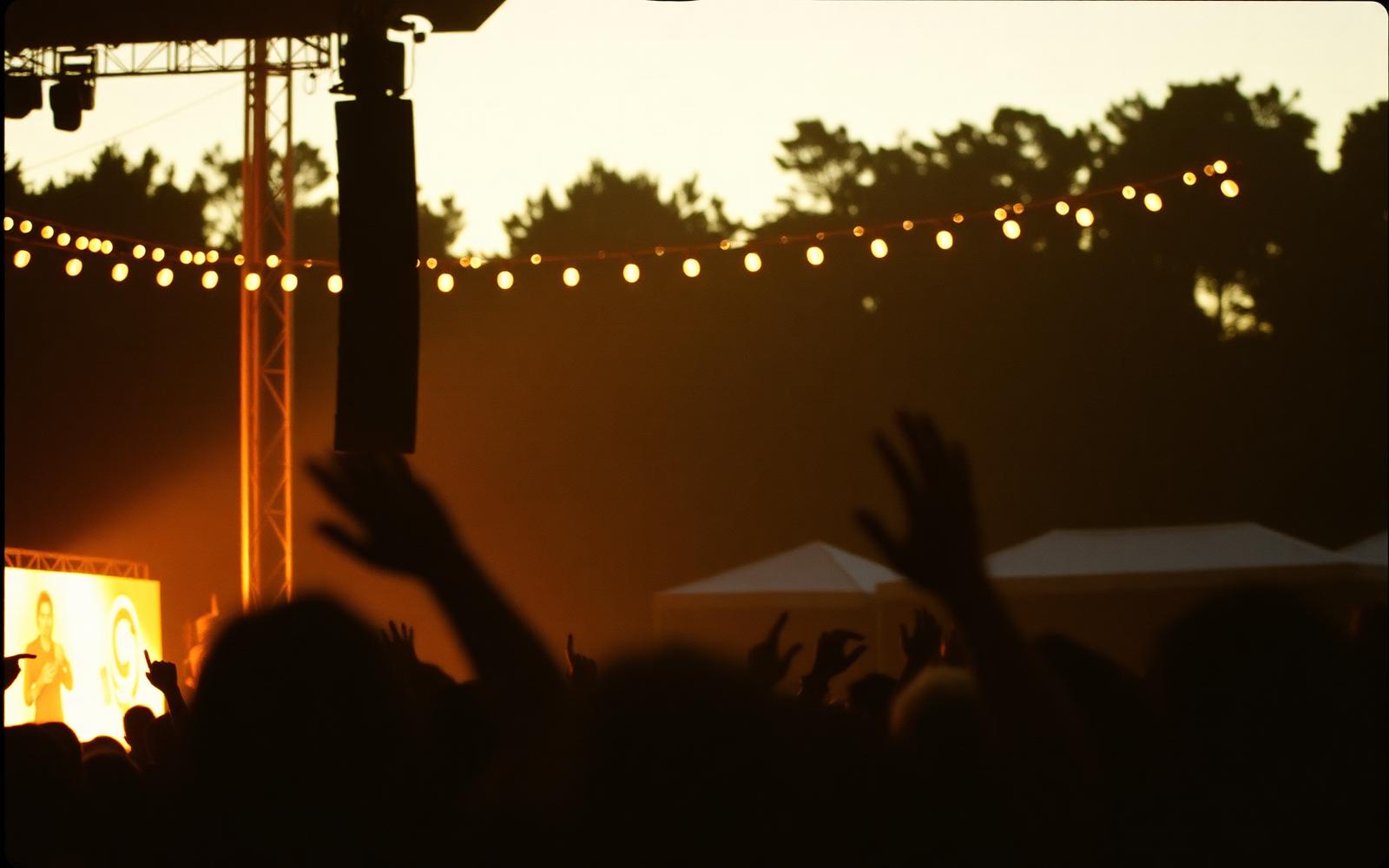 Festival crowd at dusk with string lights above the stage