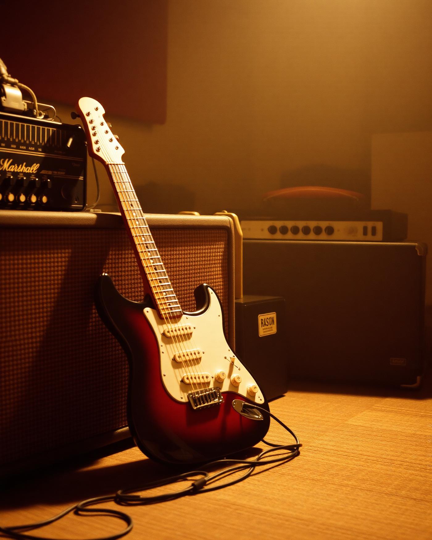 Electric guitar leaning against an amplifier in a warm-lit studio